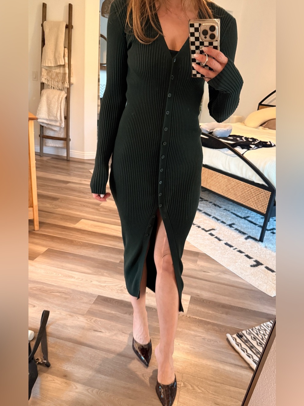 Dress Forum Dark Green Ribbed Button-Front Midi Dress